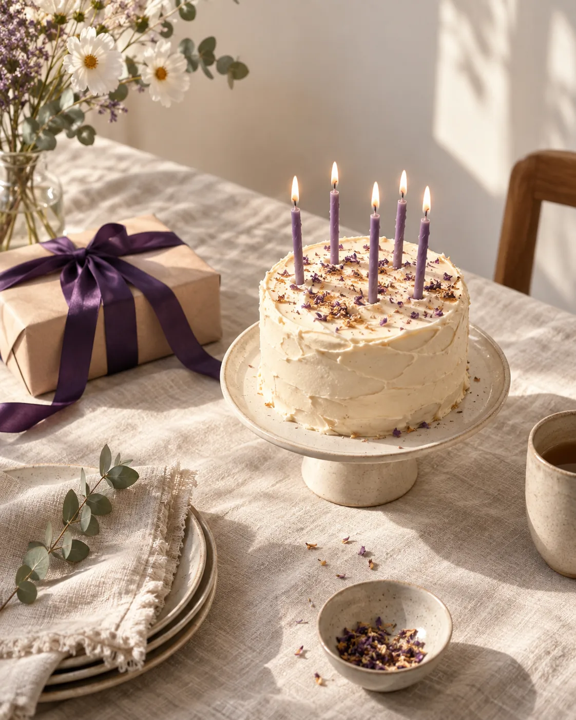 Un gâteau aux bougies violettes et un cadeau soigneusement emballé, prêts pour un anniversaire