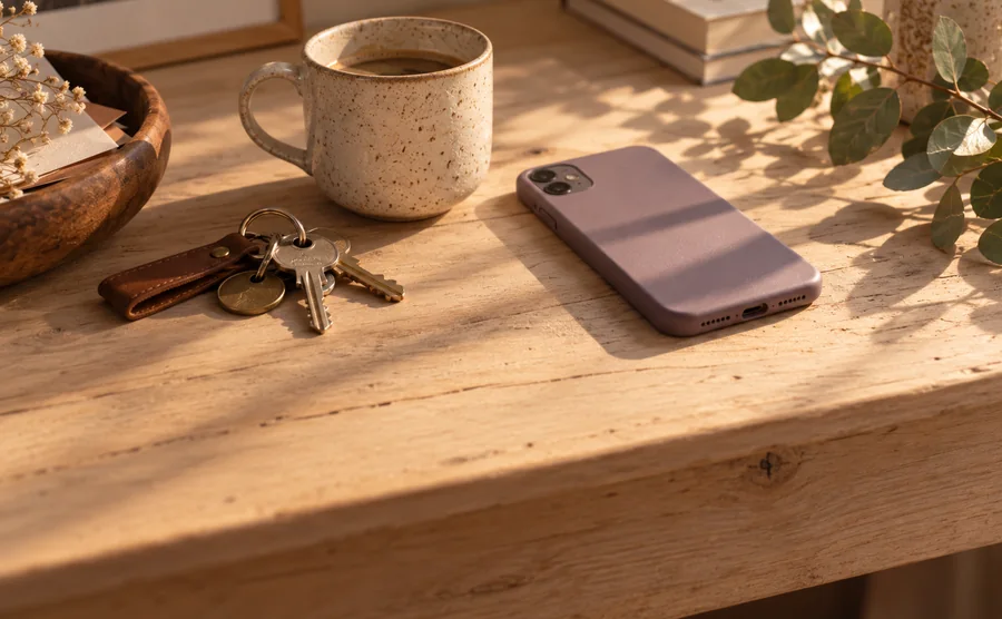 Un téléphone posé sur une table de bois clair, à portée de main